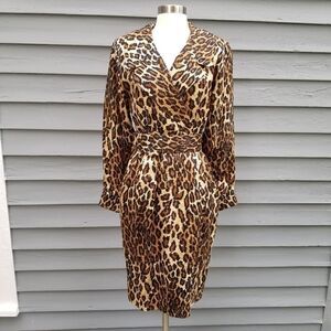 Vintage 80s Retro Pin Up Girl Animal Print Leopard Silk Midi Pencil Dress 4